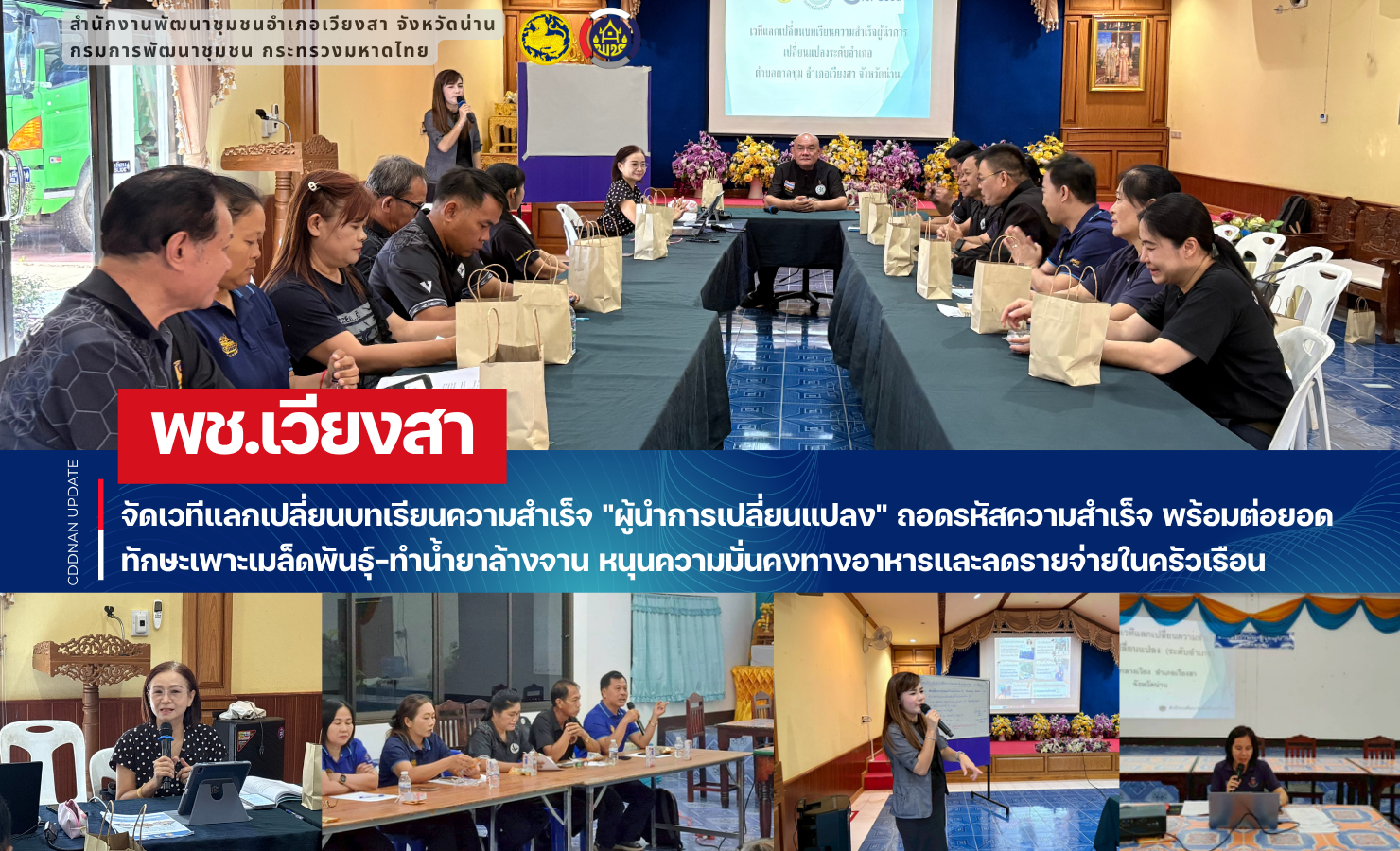 พช.เวียงสา จัดเวทีแลกเปลี่ยนบทเรียนความสำเร็จ "ผู้นำการเปลี่ยนแปลง" ถอดรหัสความสำเร็จ พร้อมต่อยอดทักษะเพาะเมล็ดพันธุ์-ทำน้ำยาล้างจาน หนุนความมั่นคงทางอาหารและลดรายจ่ายในครัวเรือน