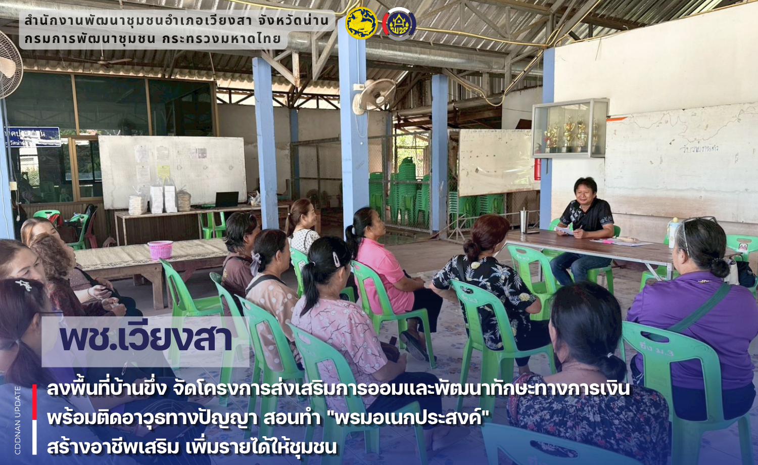 พช.เวียงสา ลงพื้นที่บ้านขึ่ง จัดโครงการส่งเสริมการออมและพัฒนาทักษะทางการเงิน พร้อมติดอาวุธทางปัญญา สอนทำ "พรมอเนกประสงค์" สร้างอาชีพเสริม เพิ่มรายได้ให้ชุมชน