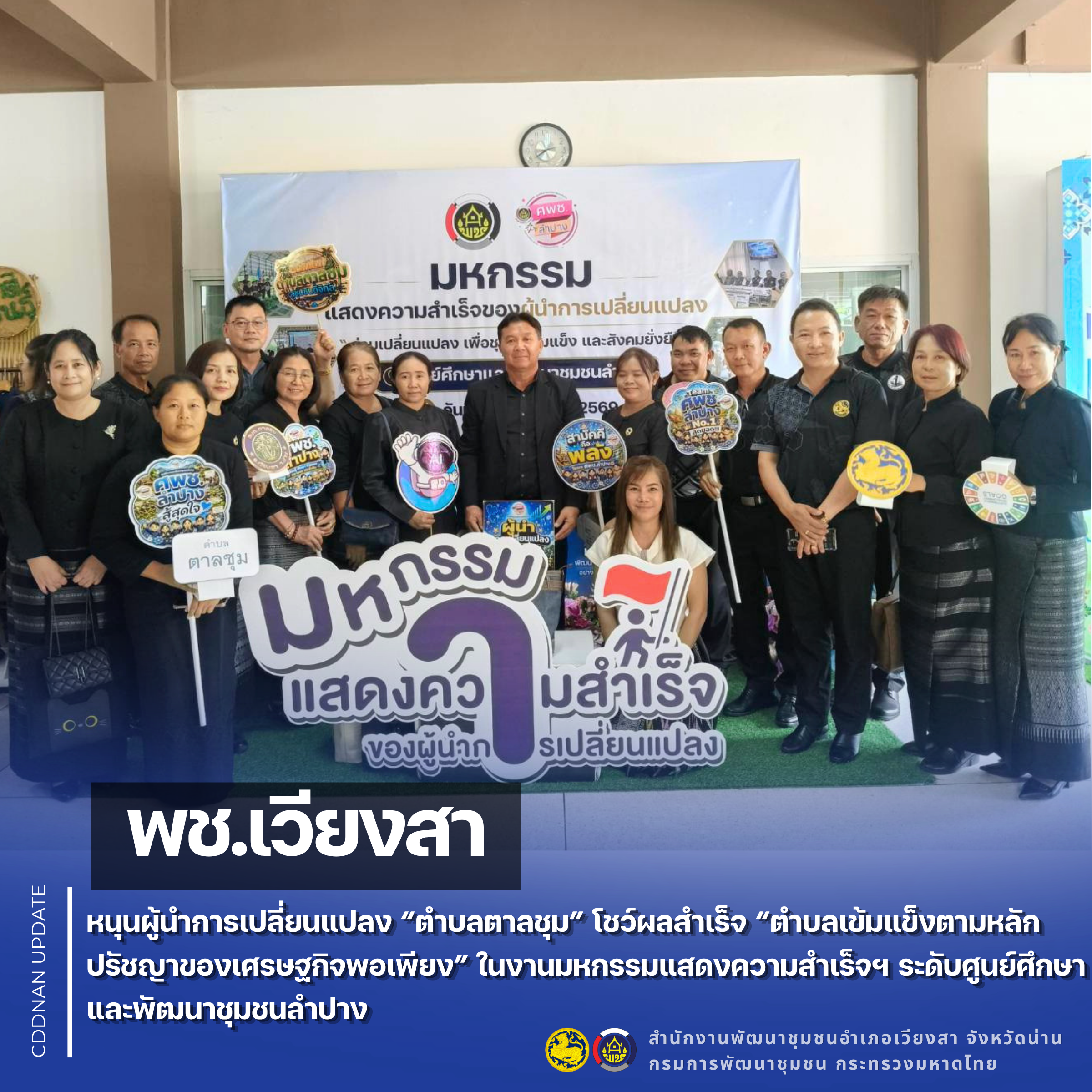 พช.เวียงสา หนุนผู้นำการเปลี่ยนแปลง “ตำบลตาลชุม” โชว์ผลสำเร็จ “ตำบลเข้มแข็งตามหลักปรัชญาของเศรษฐกิจพอเพียง” 